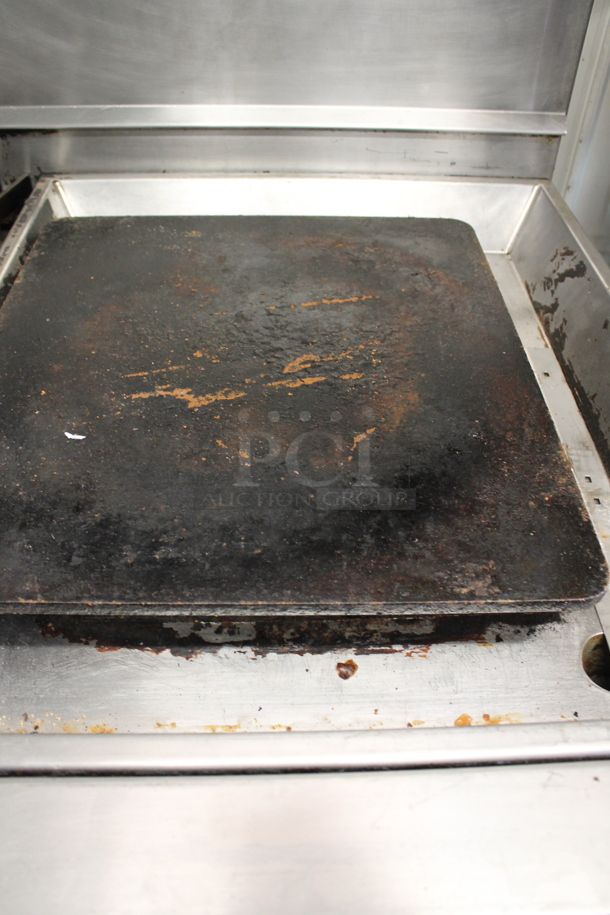 Stainless Steel Commercial Countertop Natural Gas Powered 2 Burner Charbroiler Grill and Flat Top Griddle Station w/ 2 Tier Over Shelf on Commercial Casters. - Image 7 of 11