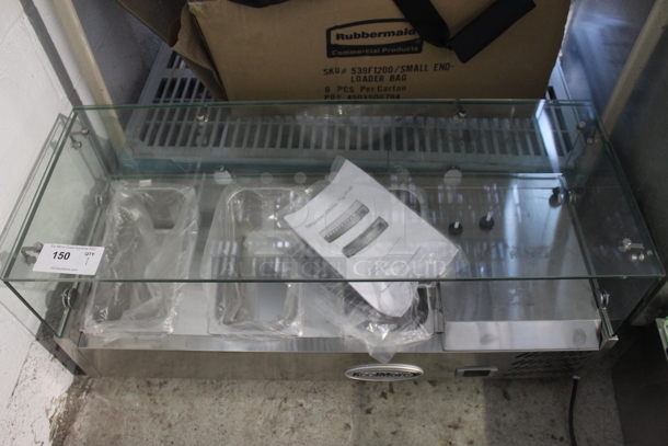 BRAND NEW SCRATCH AND DENT! KoolMore SCDC-3P-SSL Stainless Steel Commercial Countertop Refrigerated Rail w/ 3 Drop In Bins and Glass Sneeze Guard. 115 Volts, 1 Phase. Tested and Working!
 - Image 7 of 12