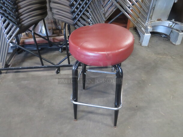 Metal Bar Stool With Footrest And Red Cushioned Swivel Seat. 2XBID