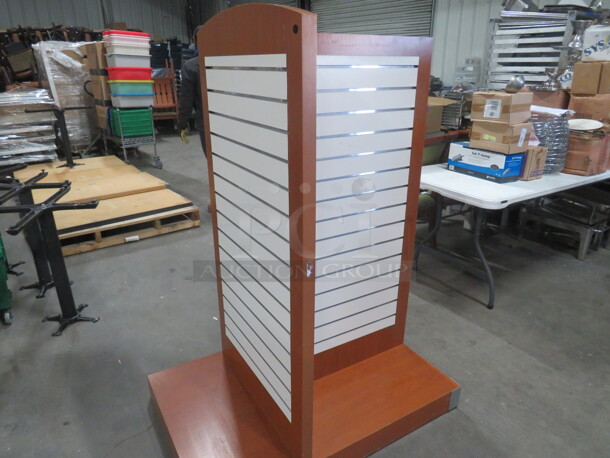 One Tri Sided Beige/Brown Slat Wall Display On Casters. 44.5X29.5X60 - Image 2 of 3