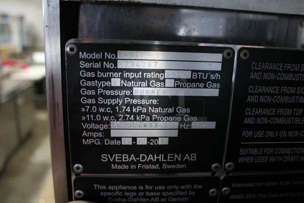 2013 Sveba Dahlen Gemini S402 Stainless Steel Commercial Floor Style Natural Gas Powered Mini Rotating Rack Oven on Commercial Casters.  - Image 12 of 12