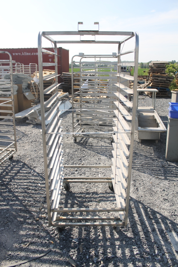 BRAND NEW! Metal Commercial Pan Transport Rack w/ Top Guide Rail for Rack Oven on Commercial Casters.  - Image 1 of 5