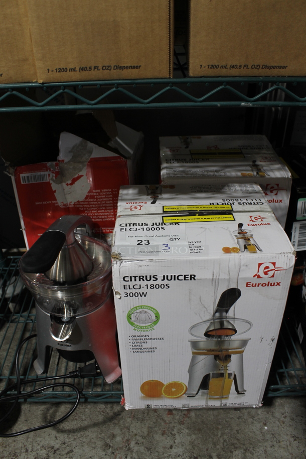 3 BRAND NEW IN BOX! Eurolux ELCJ-1800S Stainless Steel Countertop Citrus Juicer. 3 Times Your Bid!
