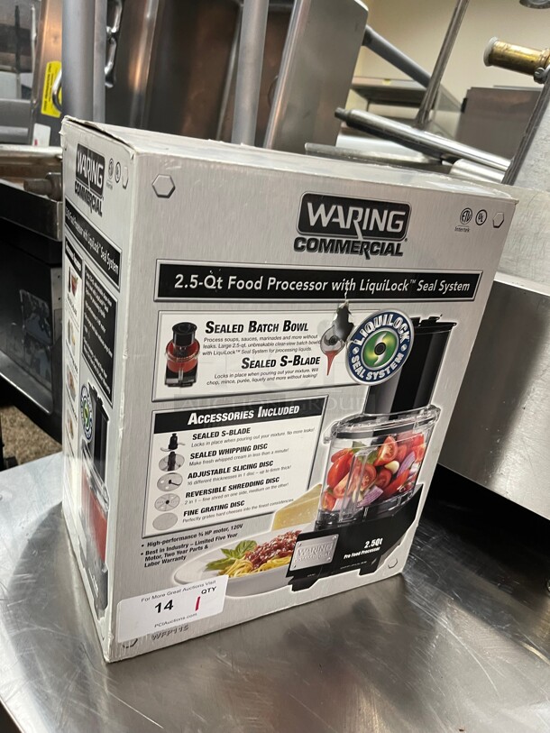 Brand New In Box! Waring WFP11S 1 Speed Batch/Bowl Commercial Food Processor w/ 2 1/2 qt Bowl, NSF 120 Volt Tested and Working! Comes With Slicing, Shredding and Grating Discs