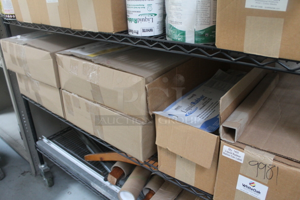 Black 4 Tier Wire Shelving Unit w/ Contents Including Labels on Commercial Casters. BUYER MUST REMOVE. - Image 6 of 7