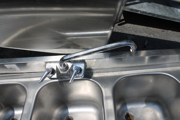 Krowne 18-63C18-63C Stainless Steel Commercial 3 Bay Back Bar Sink w/ Dual Drain Boards, Faucet and Handles. Missing 2 Legs.  - Image 5 of 7