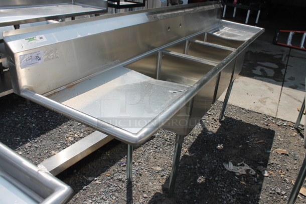 BRAND NEW SCRATCH AND DENT! Regency 60031717224 103" 16-Gauge Stainless Steel Three Compartment Commercial Sink with Galvanized Steel Legs and 2 Drainboards. Bays 17x17x12. Drain Boards 22x19x1 - Image 2 of 7