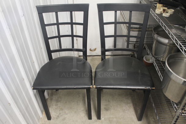 2 Black Lattice Back Chairs With Cushioned Seats. 2 Times Your Bid! Cosmetic Condition May Vary.