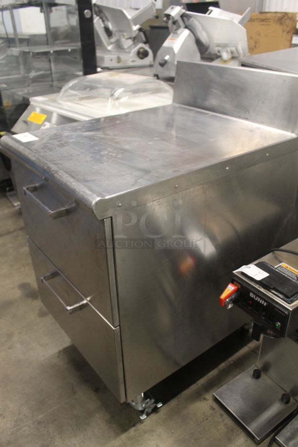 Stainless Steel Commercial Counter w/ 2 Drawers and Back Splash on Commercial Casters.  - Image 3 of 6