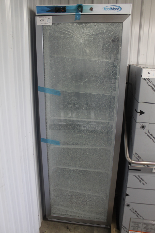 BRAND NEW SCRATCH AND DENT! KoolMore Metal Commercial Single Door Reach In Cooler w/ Poly Coated Racks. See Pictures For Glass Damage. 115 Volts, 1 Phase. Tested and Working!