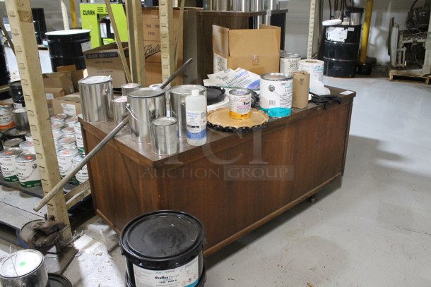 Wood Pattern Desk w/ Contents Including Liquid Roof, Liquid Rubber and Blue Magic Catalyst. - Image 3 of 10