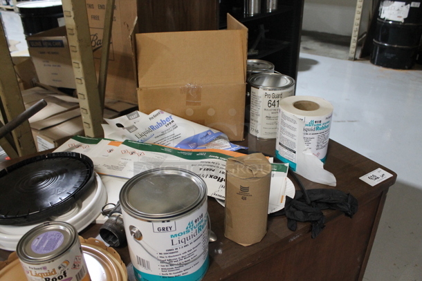 Wood Pattern Desk w/ Contents Including Liquid Roof, Liquid Rubber and Blue Magic Catalyst. - Image 5 of 10