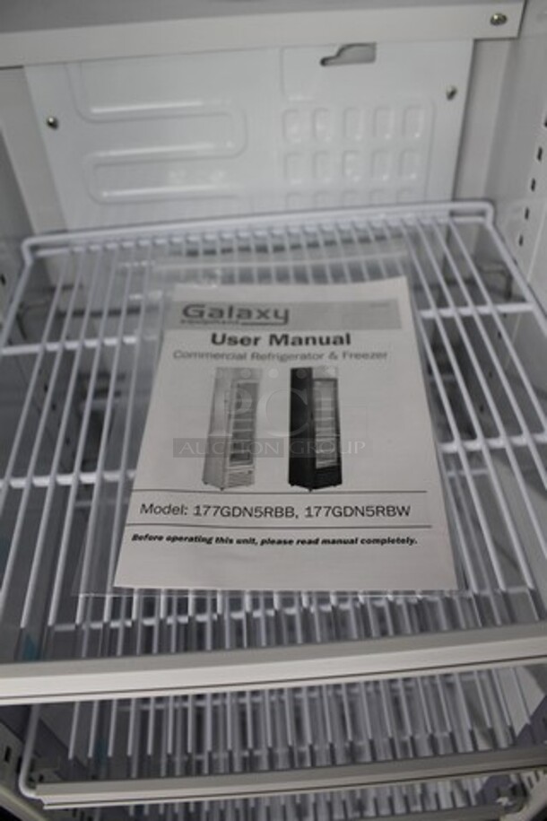 BRAND NEW SCRATCH AND DENT! Galaxy 177GDN5RBB Metal Commercial 16 1/2" Black Swing Glass Door Merchandiser Refrigerator with Red, White, and Blue LED Lighting. 115 Volts, 1 Phase. Tested and Working! - Image 4 of 5