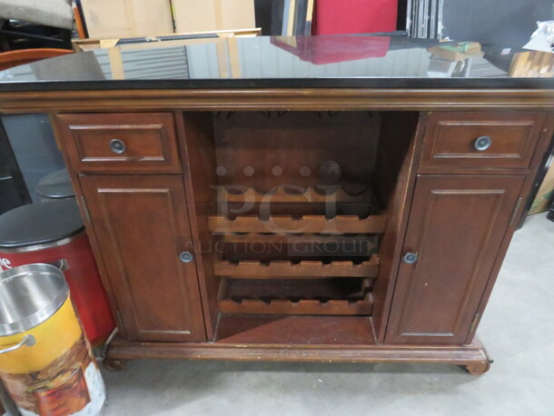 One Wooden Half Circle Bar With 2 Doors, 2 Drawers, 3 Wine Holder Racks, Footrail, And Black Granite Top. NICE!!! 69.5X28X52 - Image 4 of 7