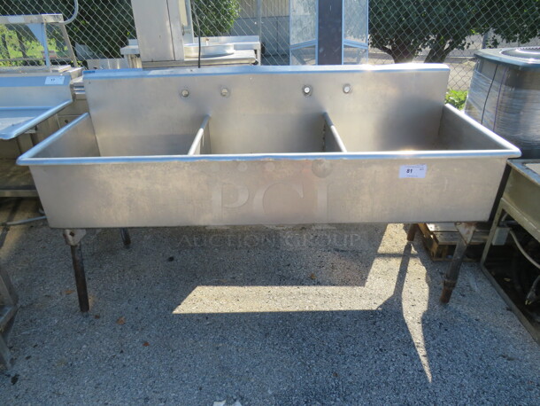One Stainless Steel 3 Compartment Sink. NO FAUCET. 75X29X40