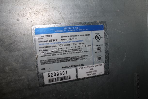 Beverage Air BB48 Metal Commercial 2 Door Back Bar Cooler. 115 Volts, 1 Phase. Tested and Powers On But Does Not Get Cold - Image 6 of 7