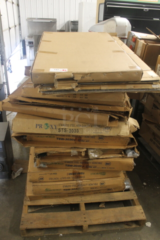 14 BRAND NEW IN BOX! Items Including 8 Stainless Steel Work Tables; 1 STS-3030, 4 TSW-3030E, 2 TSW-3030S, 1 KCS WG-3036. 14 Times Your Bid!