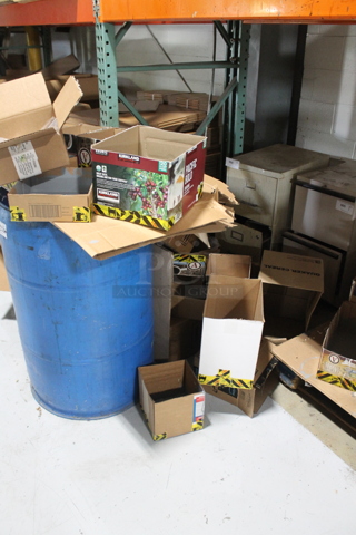 ALL ONE MONEY! Lot of Various Items Including Blue Poly Barrel and Cardboard Boxes