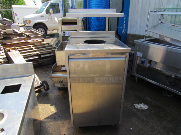 One Stainless Steel 1 Door Trash Receptacle With Can, Over Shelf, And Side Rail. 28X25X56