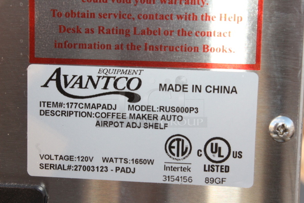 BRAND NEW SCRATCH & DENT! Avantco CMAPADJ Automatic Airpot Coffee Maker with Adjustable Shelf - 120V, 1,650W. SERIAL#:27003123-PADJ 11-1/8x17-3/4x29-11/16  - Image 6 of 6