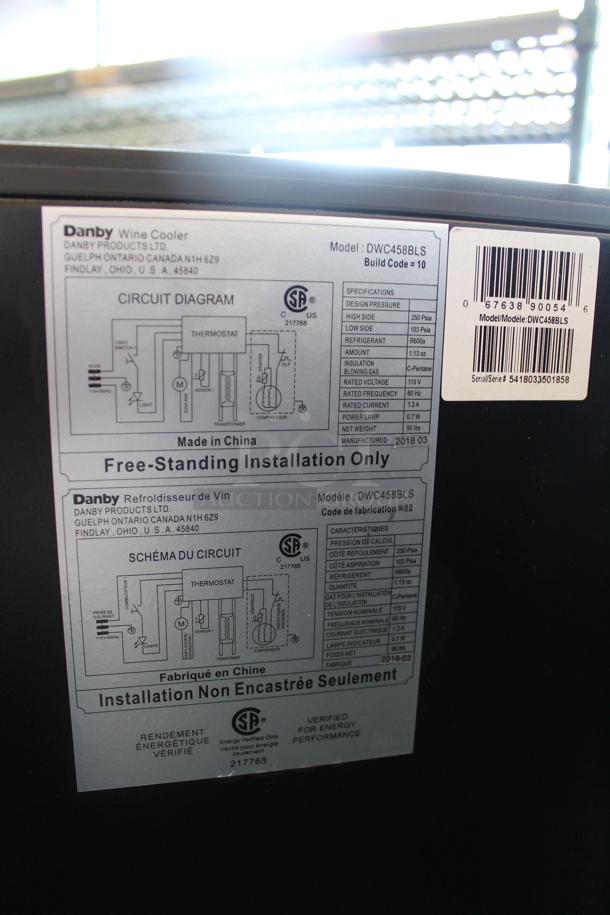 BRAND NEW SCRATCH AND DENT! Danby DWC458BLS Designer Series Metal Wine Cooler / Wine Cellar Merchandiser with 45 Bottle Capacity, 7 Slide-Out Wooden Racks, Blue LED Lighting and Tempered Glass Door. 115 Volts, 1 Phase. Tested and Working!
 - Image 5 of 5