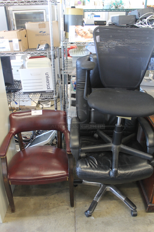 3 Various Chairs, 2 Black Office Chairs 
 on Casters and Maroon Chair on Wooden Frame. 3 Times Your Bid! - Image 1 of 4