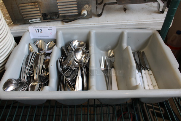 ALL ONE MONEY! Lot of Various Silverware in Gray Poly Silverware Caddy!