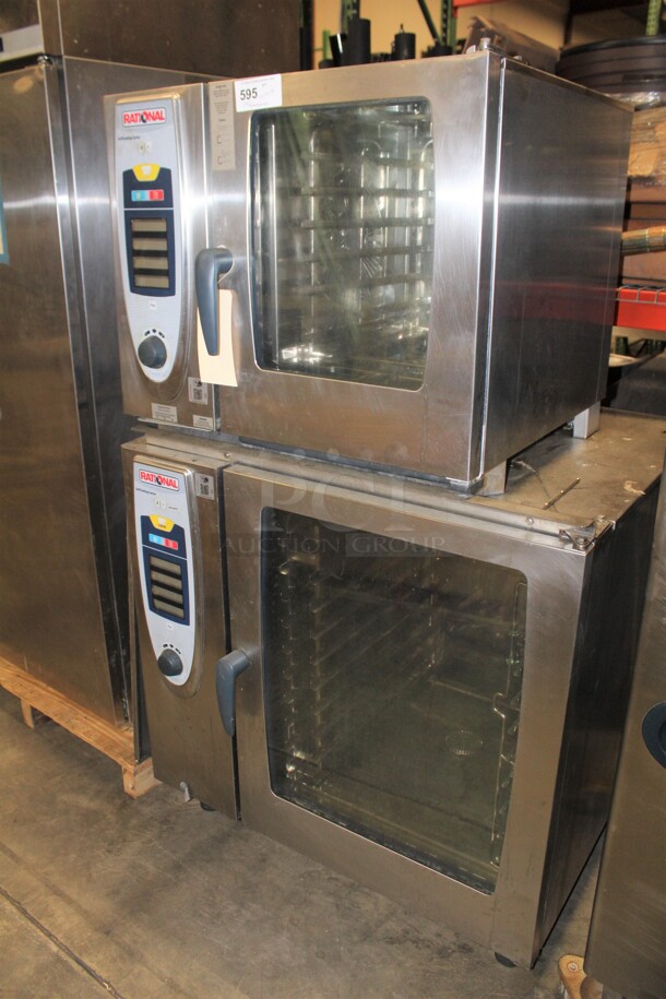 FANTASTIC! 2 Rational Model SCC-01 Commercial Stainless Steel Double Stack Combi Oven Self Cooking Center. Top Is Half Size, Bottom Is Full Size. 42x38x70. 208-240V 3 Phase. 2X Your Bid! Working When Pulled! 