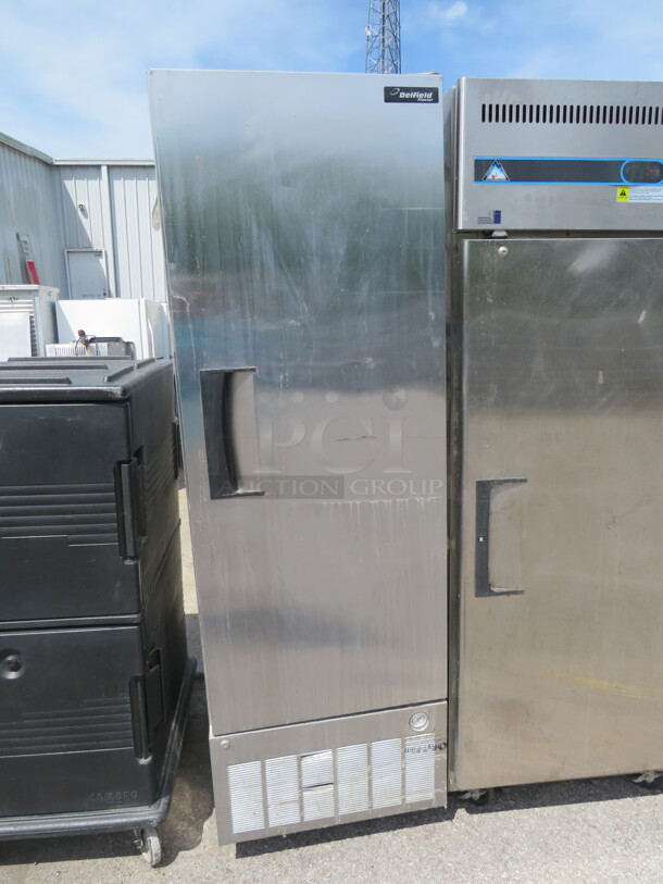 One Delfield Stainless Steel 1 Door Refrigerator/And Or Freezer With 3 Racks, On Casters. Model# VFR1-S. 115 Volt. 25X33.5X78.5