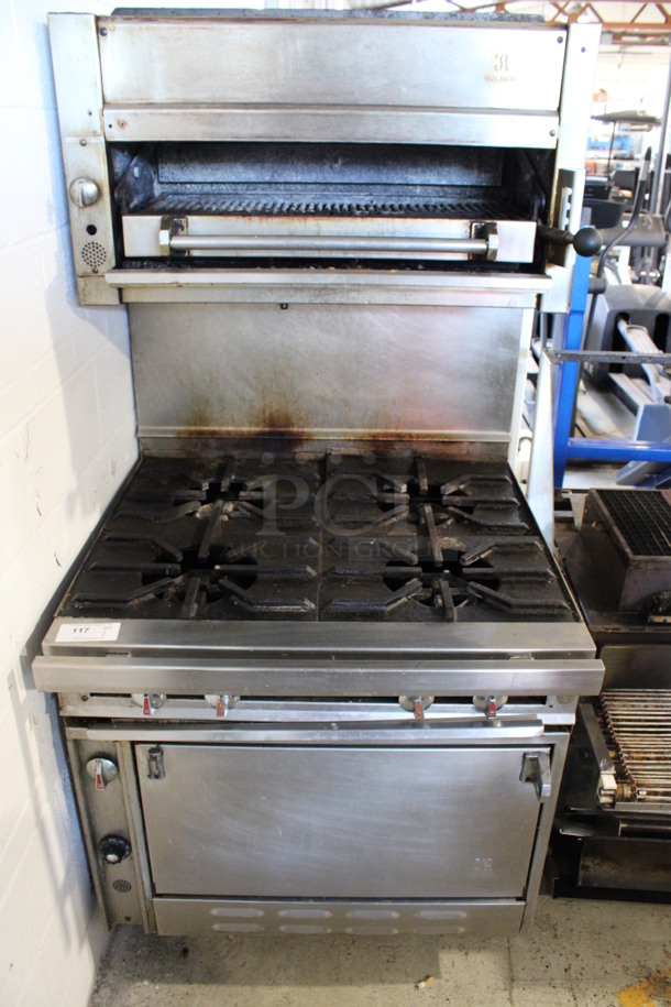 Jade Range Stainless Steel Commercial Natural Gas Powered 4 Burner Range w/ Cheese Melter and Oven. 36x37.5x74