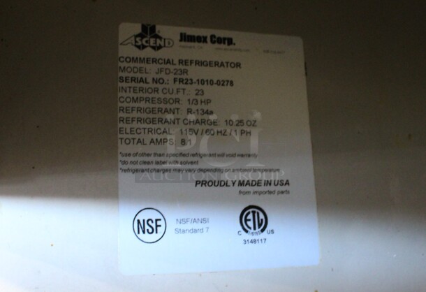 Jimex Model JFD-23R Stainless Steel Commercial Single Door Reach In Cooler w/ Poly Coated Racks on Commercial Casters. 115 Volts, 1 Phase. 29.5x32.5x81.5. Tested and Powers On But Temps at 45 Degrees - Image 6 of 6
