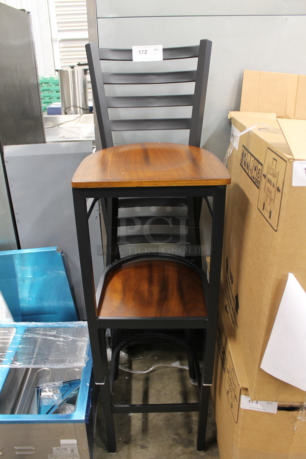 2 BRAND NEW SCRATCH AND DENT! Black Metal Bar Height Chairs w/ Wooden Seat. 2 Times Your Bid!