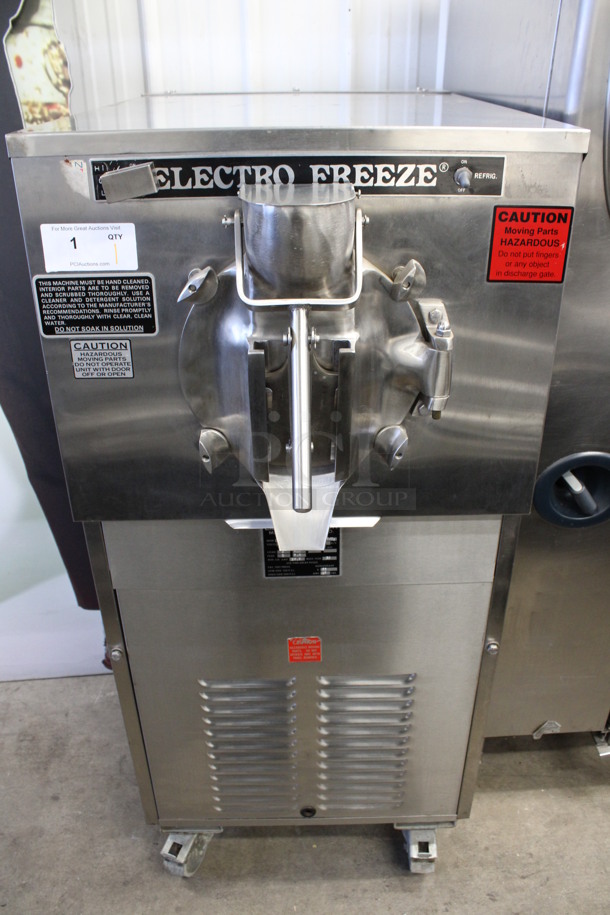 Electro Freeze Emery Thompson Model 20LA-SP Stainless Steel Commercial Floor Style Batch Freezer on Commercial Casters. 220 Volts, 3 Phase. 24x50x53 Working When Pulled!