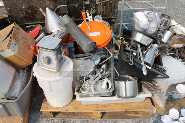 ALL ONE MONEY! Lot of Plastic Storage Bucket With Lid, Portion Control Scale, Apple Slicers, Ice Cream Scoopers, Tongs, Whisks, Orange Salad Spinner, Pots, Pans, Wood Pallet AND MORE! 