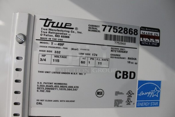 2014 True T-49F ENERGY STAR Stainless Steel Commercial 2 Door Reach In Freezer w/ Poly Coated Racks on Commercial Casters. 115 Volts, 1 Phase. Tested and Working! - Image 9 of 10