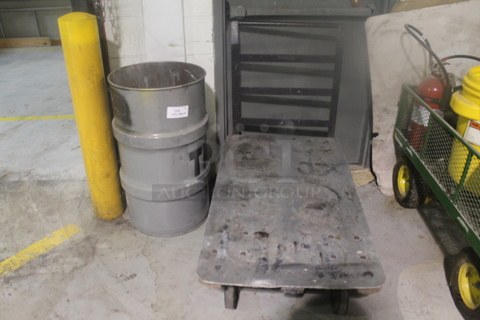 ALL ONE MONEY! Lot of Black Metal Flat Cart and Metal Barrel.  BUYER MUST REMOVE.