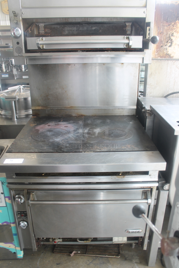 Jade Range JTPH-2FHT-36C Stainless Steel Commercial Natural Gas Powered 6 Burner Range w/ Convection Oven, Salamander Cheese Melter and Back Splash. 30,000 BTU. - Image 1 of 7