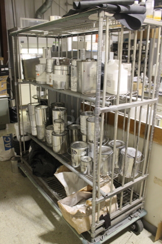 Metal 4 Tier Shelving Unit w/ Contents Including Liquid Propoly Clear. BUYER MUST REMOVE.