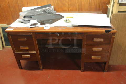Wood Pattern Desk w/ Drawers and Contents.