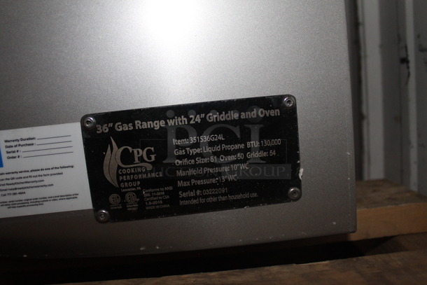BRAND NEW SCRATCH AND DENT! Cooking Performance Group 351S36G24L Stainless Steel Commercial Propane Gas Powered 2 Burner Range with 24" Griddle, Oven, Over Shelf and Back Splash. 130,000 BTU. - Image 8 of 11
