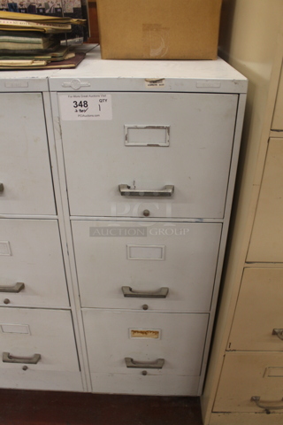 Globe Werner White Metal 3 Drawer Filing Cabinet w/ Contents. BUYER MUST REMOVE.