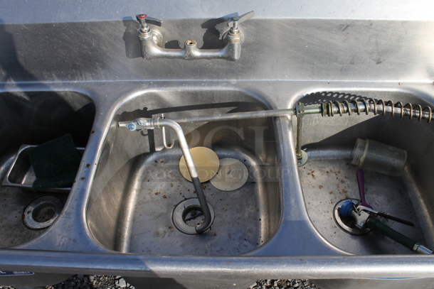 Stainless Steel Commercial 3 Bay Sink w/ Right Side Drain Board, Handles and Spray Nozzle Attachment.  - Image 2 of 3
