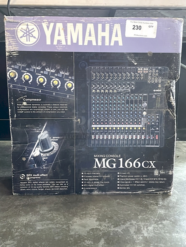 NEW! IN THE BOX! Yamaha MG166CX 16–Channel Mixing Console with ten mic (XLR hybrid) and 16 Line Inputs (8 mono + 4 stereo), two GROUP Buses + one Stereo Bus, and four AUX sends. Includes Manual 