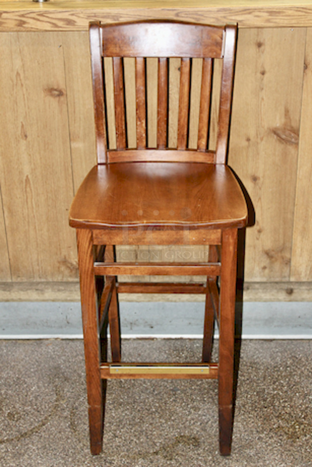 BEAUTIFUL! Legend Seating Company Solid Wood Bar Height Chairs, With Foot Rest, Minor Wear on Some.  
17x18x44-1/2
3x Your Bid
