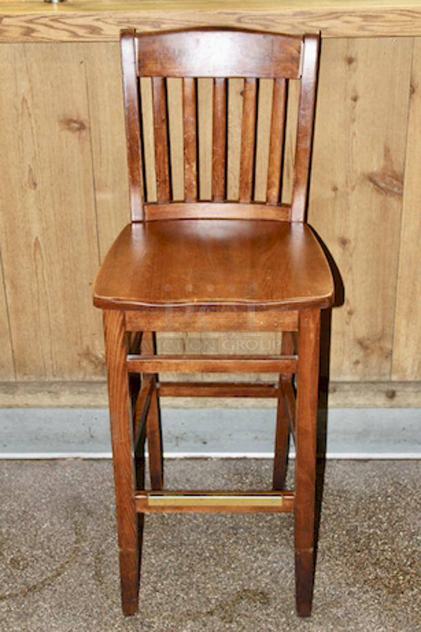 BEAUTIFUL! Legend Seating Company Solid Wood Bar Height Chairs, With Foot Rest, Minor Wear on Some.  
17x18x44-1/2
3x Your Bid
 - Image 1 of 6