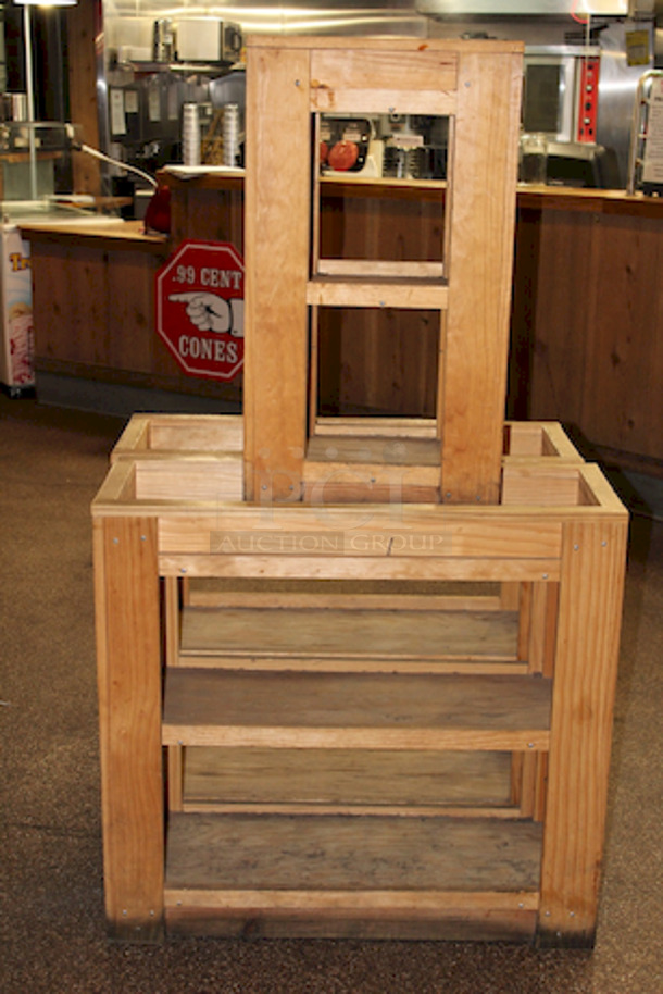 BEAUTIFUL! Wood Merchandisers. 
(2): 33-1/2x13-1/2x33-1/2
(1): 17-1/2x13x33-1/2
3x Your Bid