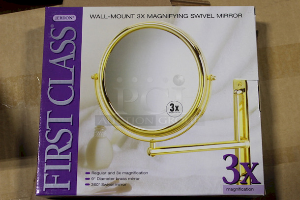 NEW, IN THE BOX!! Jerdon First Class 9" Wall Mounted 3x Magnifying 360 degree Swivel Mirror, Brass. 5x Your Bid - Image 1 of 2