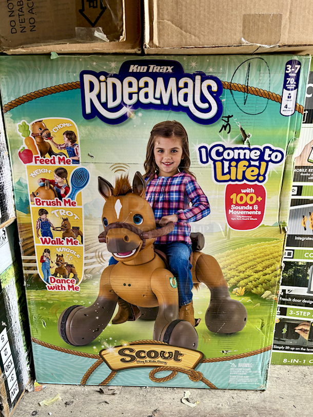 Kid Trax 12-Volt Rideamals Scout Pony Interactive Ride-On Toy. Comes To Life With 100+ Sounds & Movements. Age Range 3-7. Includes: Brush, apple, carrot, saddlebag, 12-volt rechargeable battery and wall charger. Walk or Ride: Scout can trot (3.5 MPH), gallop (4 MPH) or go backward (3.5 MPH).  Completely interactive: Feed, Brush, Walk & Dance