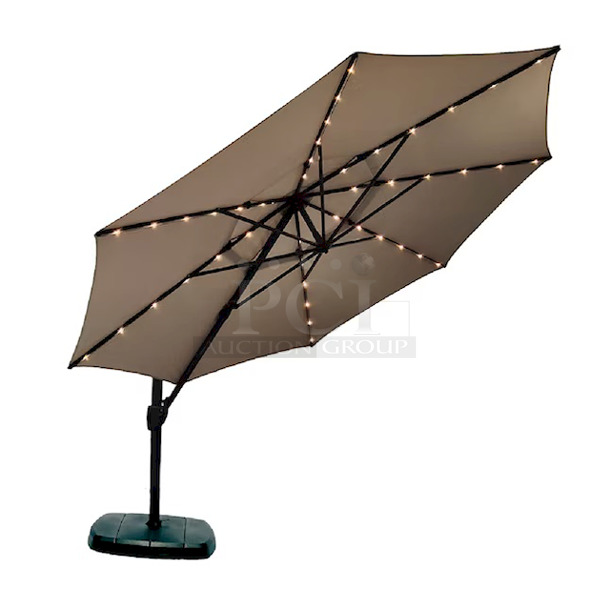 SimplyShade 11-ft 42-LED Light Cantilever Umbrella with Base, Solar/AC Powered. Color: Greige. Includes: 120 volt AC Adapter Cord. 360-Degree pivoting Hub W/ Foot Pedal To Swing Canopy Horizontally. 11-ft x 11-ft x 8.32-ft - Image 9 of 12