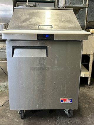 CERTIFIED WORKING! US Refrigeration USSMV-28 Mega Top Refrigerator Stocked Full Of 1/6 Pans. On Commerical Casters. Gets Down To & Holds Temperature Between 33-45* F. 115v. 28x37x48